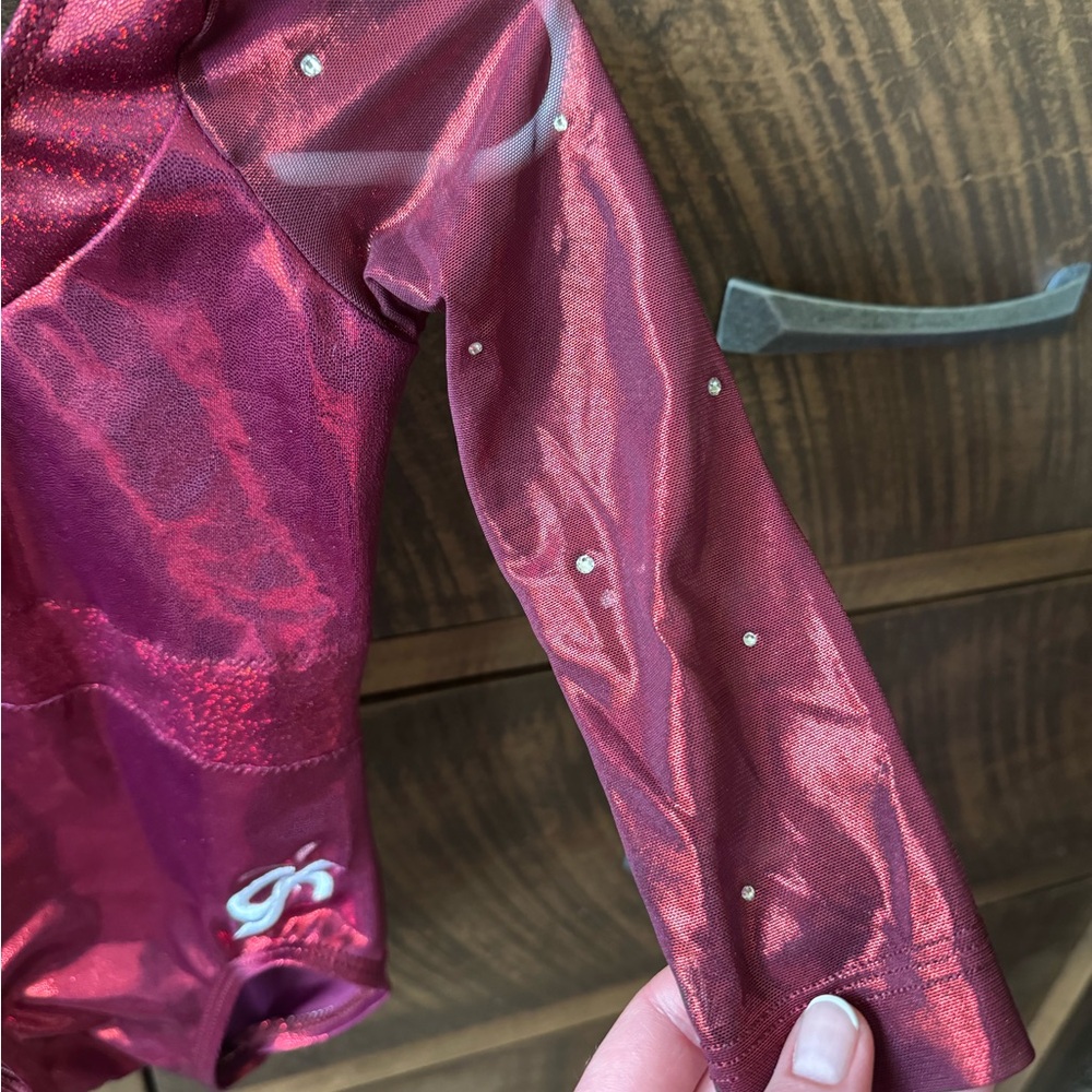 GK Elite Gymnastics Leotard Child Small Merlot Leo w/Sheer Rhinestone Sleeves